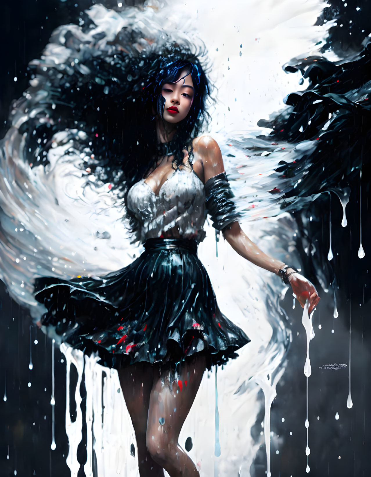 Stylized portrait of woman with dark hair in black and white outfit surrounded by water splashes