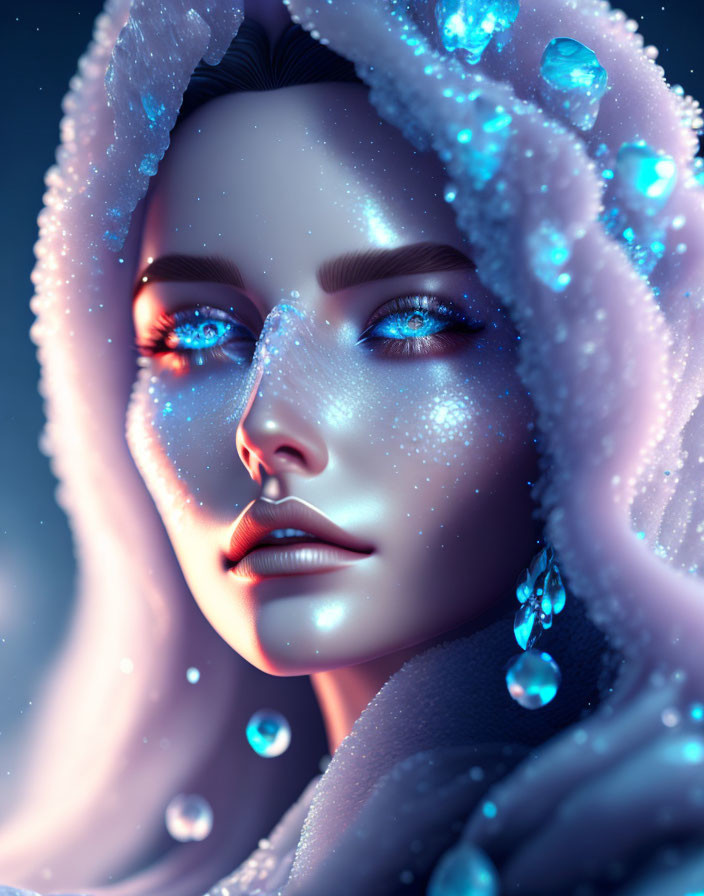 Digital portrait of woman with sparkling blue eyes and crystal-like droplets, wearing hooded garment edged with