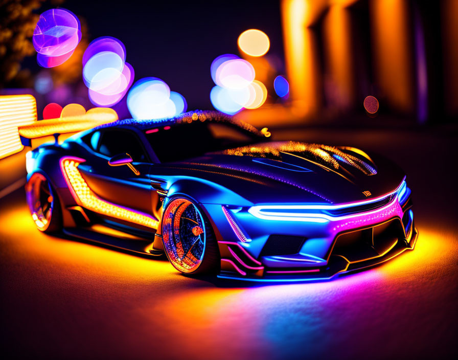 Colorful Toy Sports Car with Neon Lights on City Lights Bokeh Background