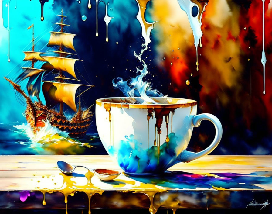 Colorful artwork: Steaming cup of tea, sailboat, melting splashes, two spoons