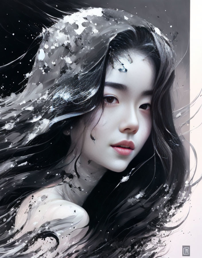 Digital painting of woman with dark flowing hair and white accents on dark background