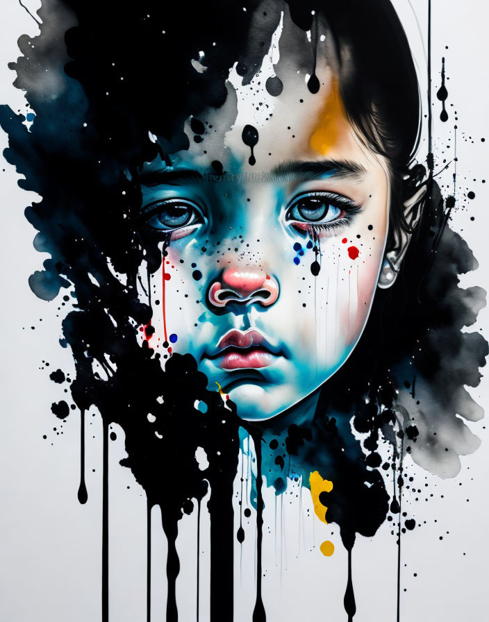 Realistic girl's face with abstract ink drips in vibrant artwork