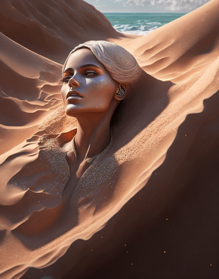 Digital artwork: Woman's face in sand dunes with sparkles, ocean background