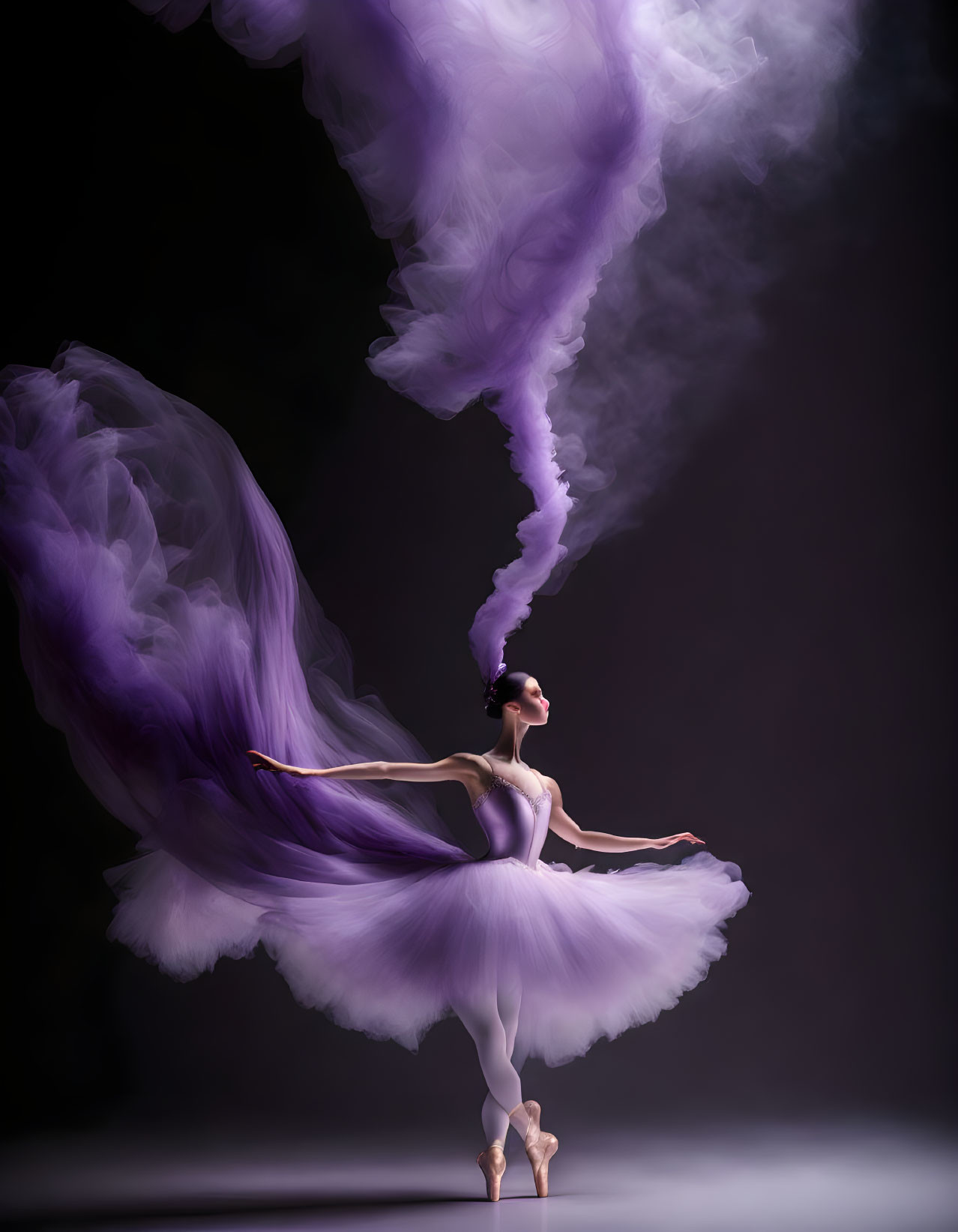 Ballerina in white and purple tutu dances in swirling purple haze