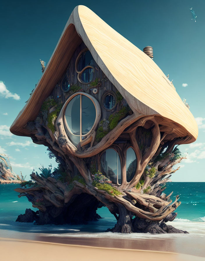 Curved wooden roof treehouse with circular windows near beach