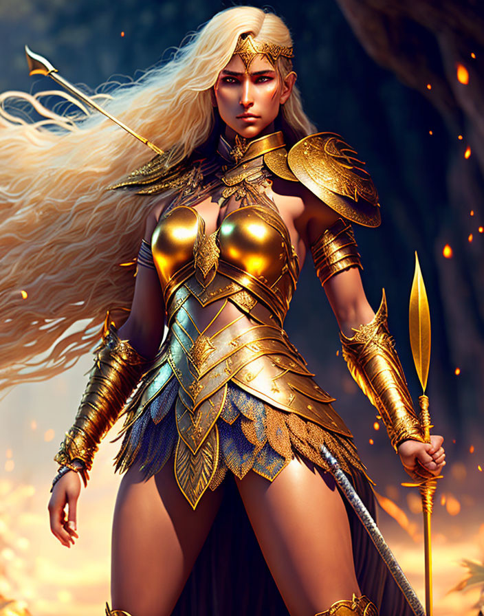 Golden-armored warrior woman with spear in mystical forest