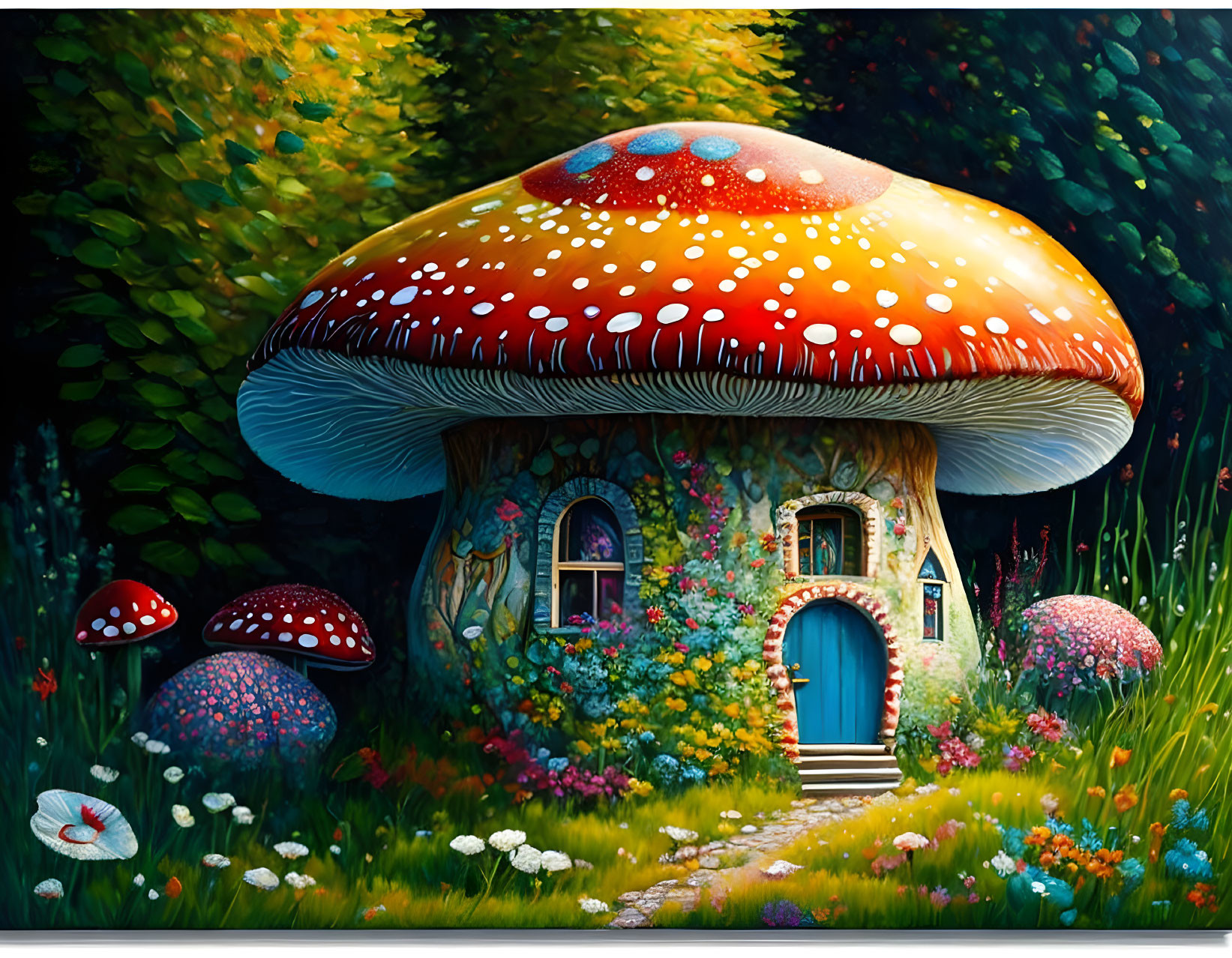 Whimsical illustration of large red mushroom house in nature