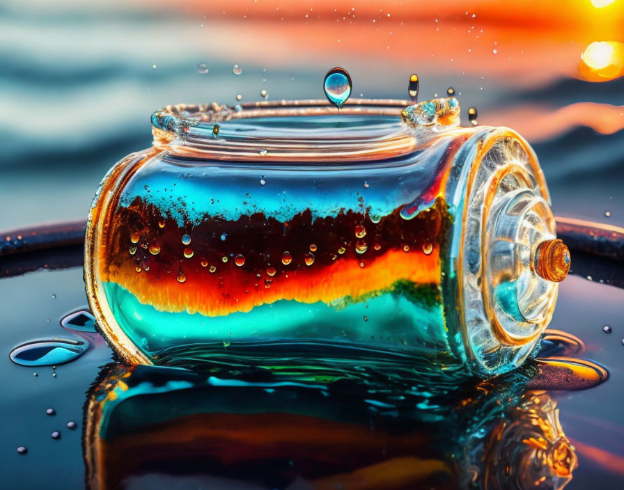 Clear Glass Bottle with Droplet and Reflections on Surface