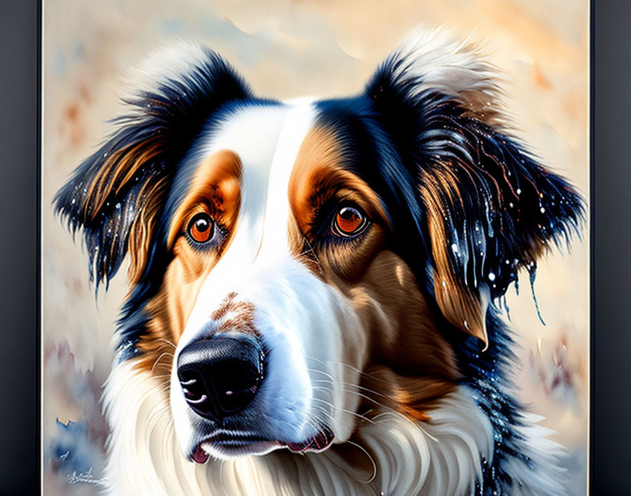 Detailed Tricolor Border Collie Digital Painting with Soulful Eyes