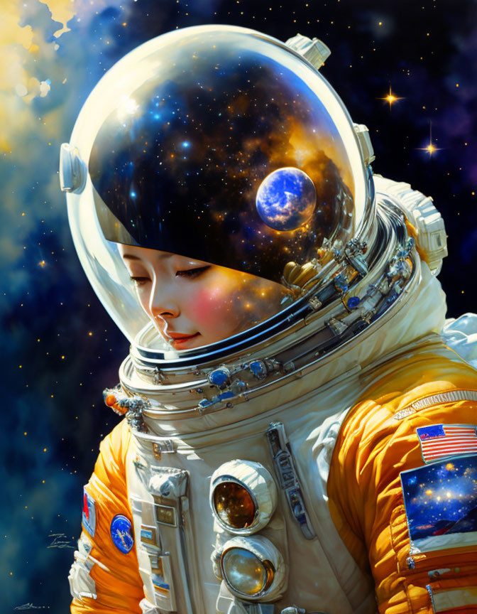 Astronaut in reflective helmet with starry cosmos and Earth-like planet