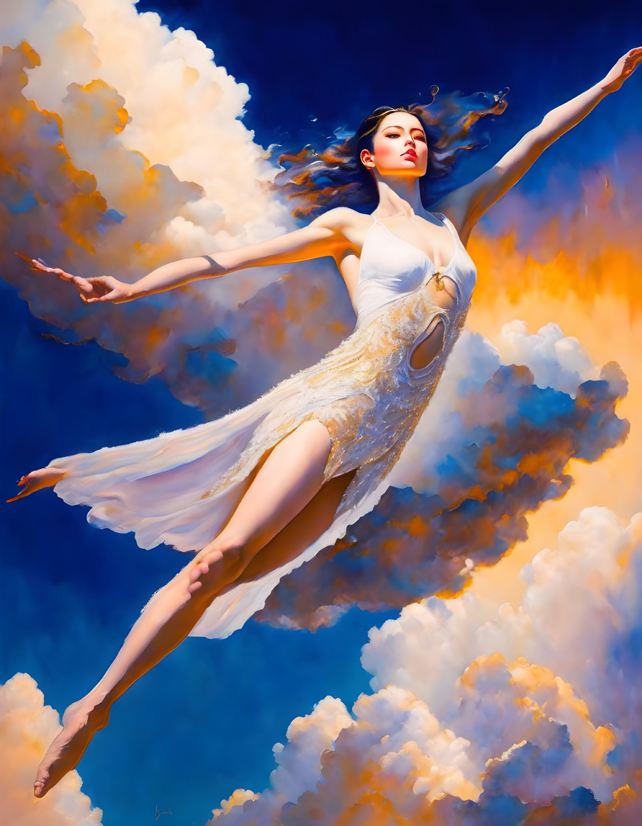 Levitating woman in white dress against vibrant sky