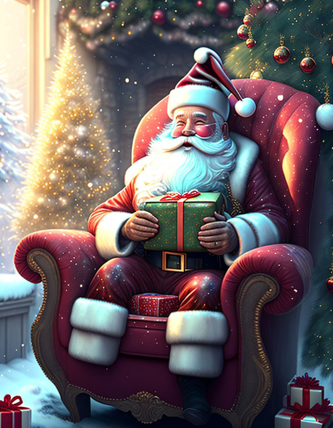 Santa Claus in red chair with green gift in Christmas setting.