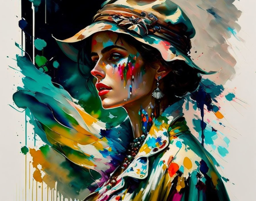 Colorful Portrait of Woman with Stylish Hat and Abstract Paint Splashes