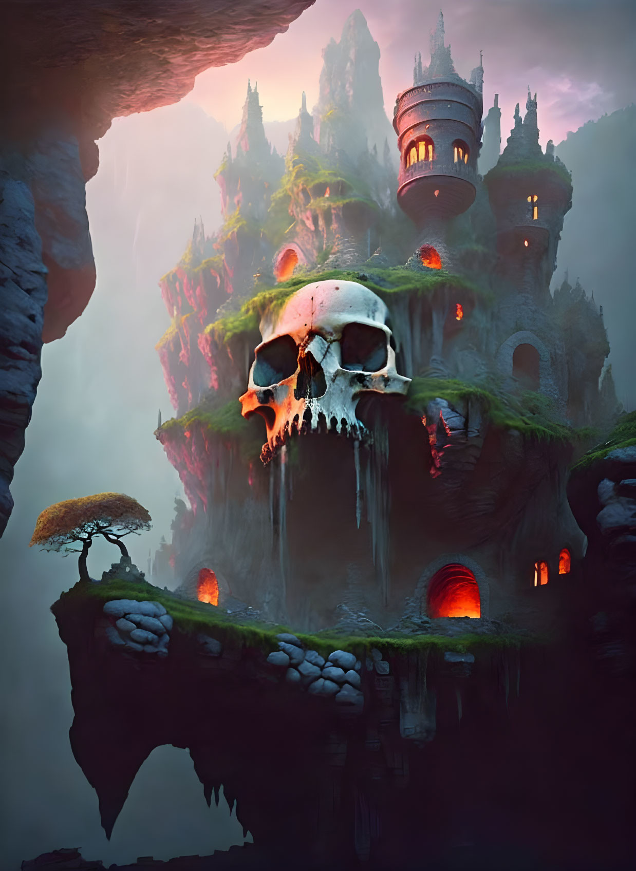 Fantastical skull-shaped rock formation with castle, waterfalls, and glowing red windows in twilight setting