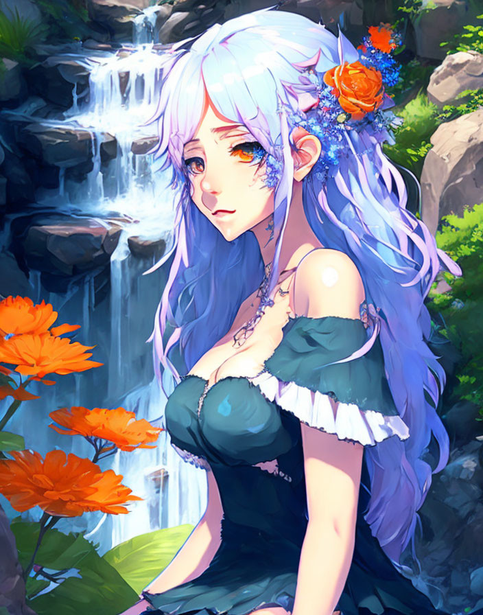 Illustrated female character with long blue hair and dark dress by waterfall and orange flowers