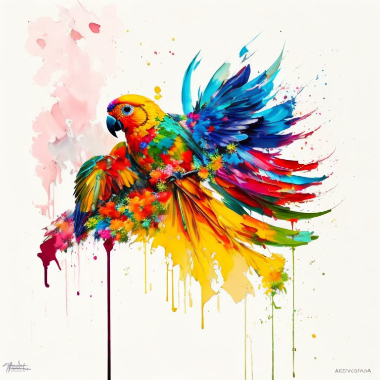 Colorful Parrot Painting with Dripping Details on Light Background