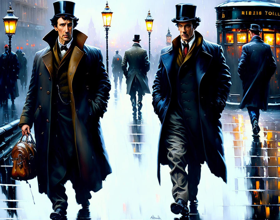 Victorian-era Men Walking on Gas-Lit Rainy Street