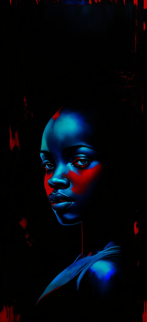 Blue-skinned woman against crimson background: digital art contrast.