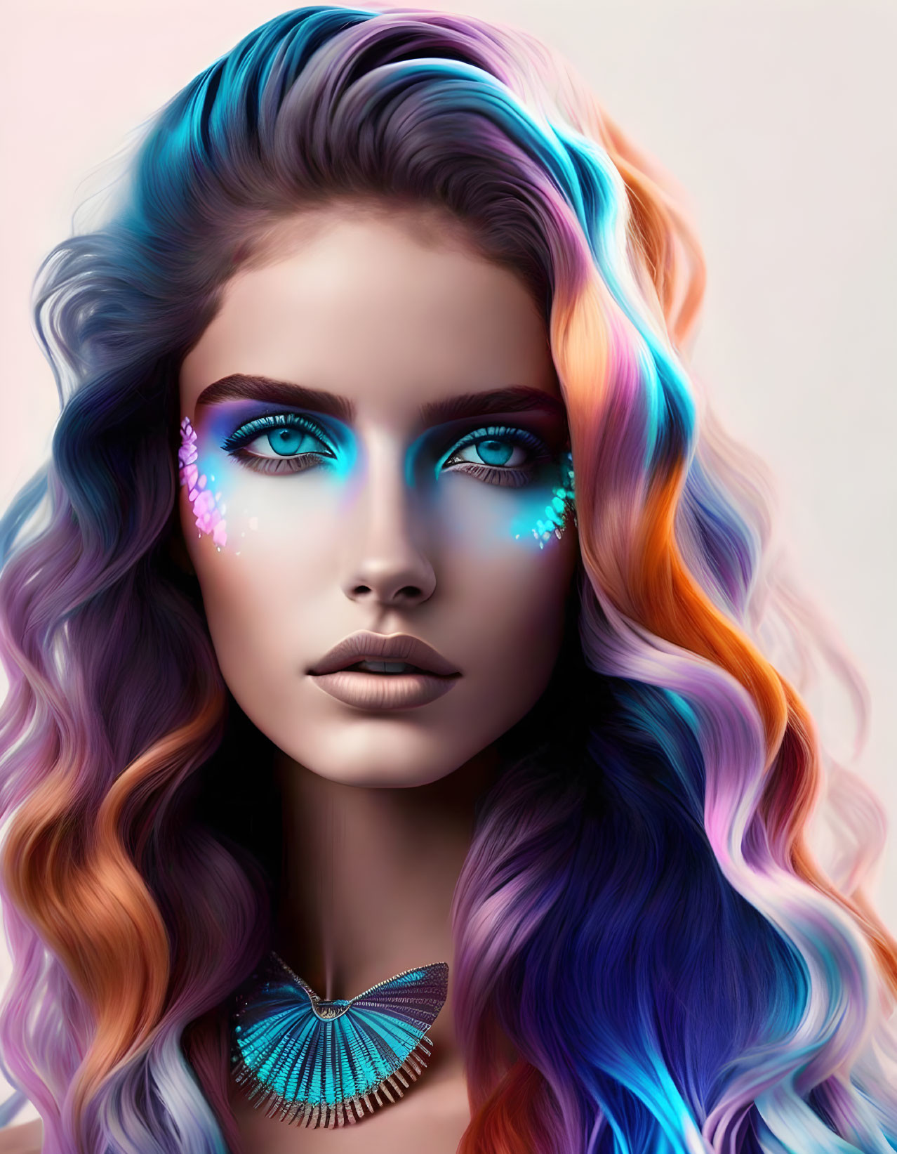 Vibrant multi-colored hair and bold blue makeup on woman with butterfly necklace