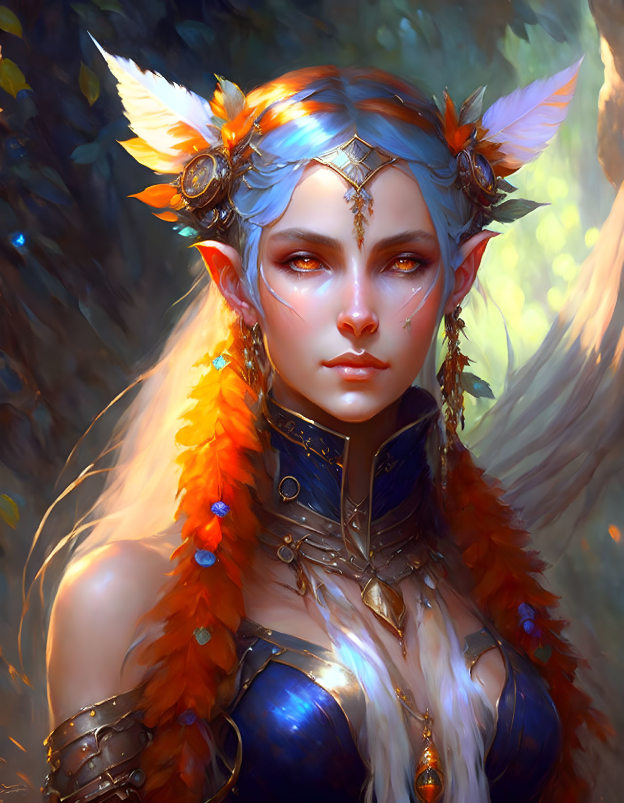 Elf with White Hair and Orange Ears in Blue Outfit and Gold Jewelry in Forest Setting