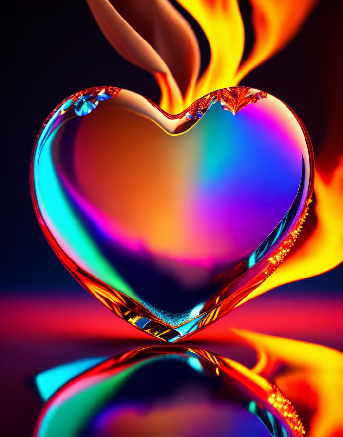 Colorful Heart-Shaped Object with Reflective Surfaces on Dark Background