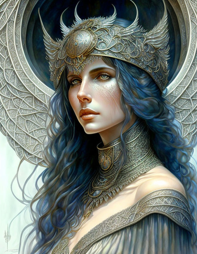 Fantasy Artwork: Woman with Blue Hair in Ornate Armor