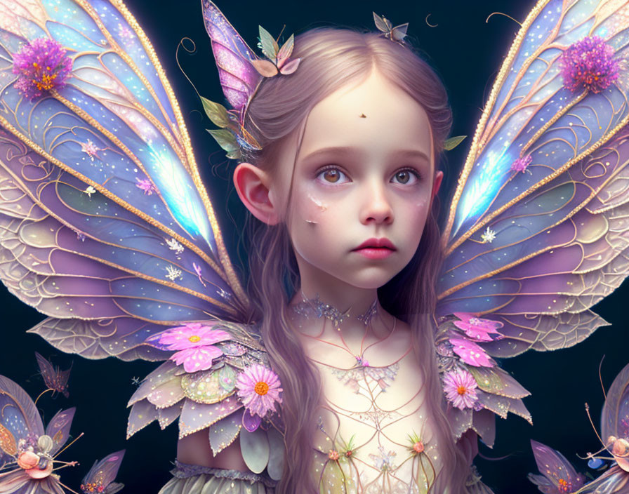 Young girl with iridescent fairy wings and flowers on dark background