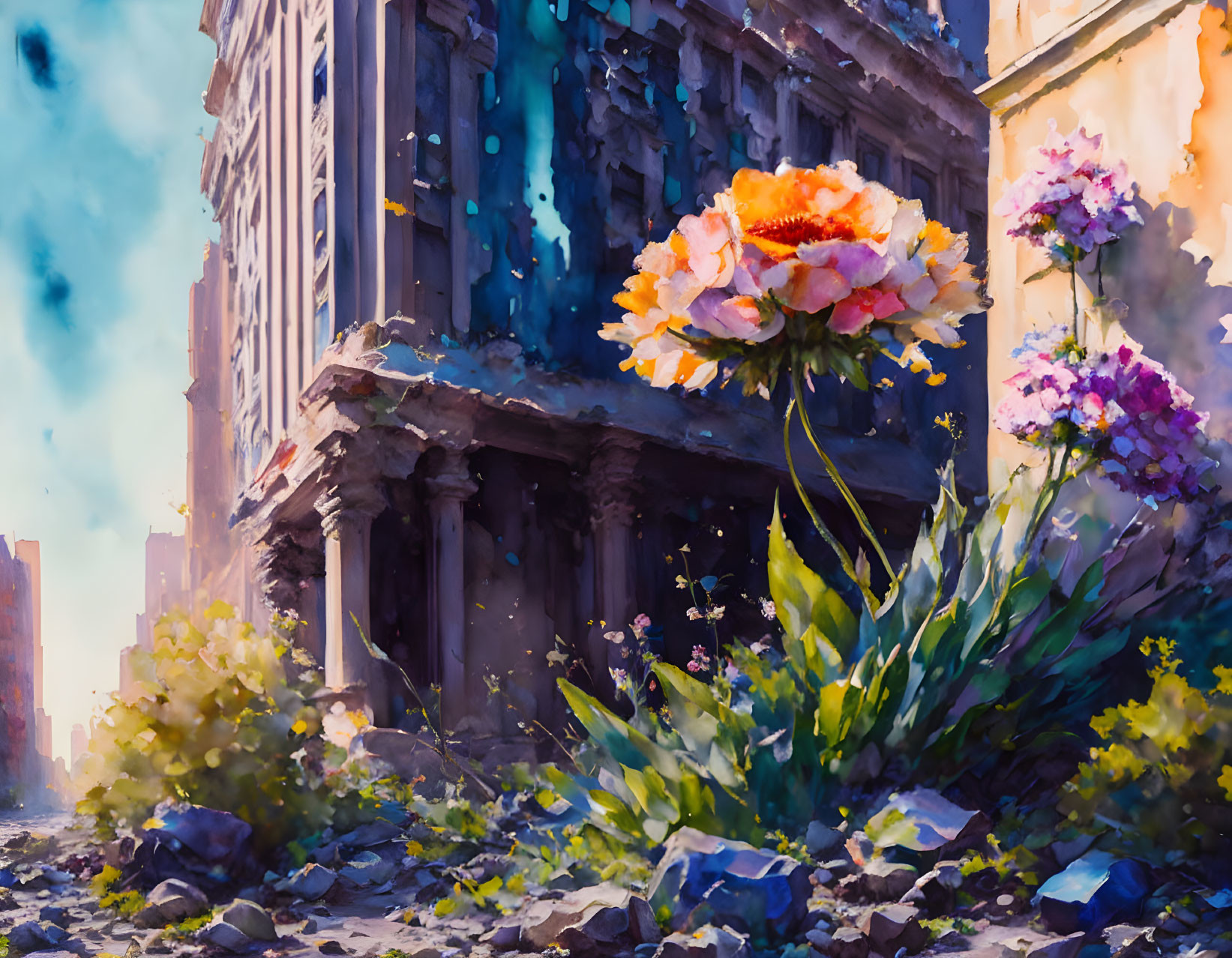 Oversized flowers bloom in urban decay scene