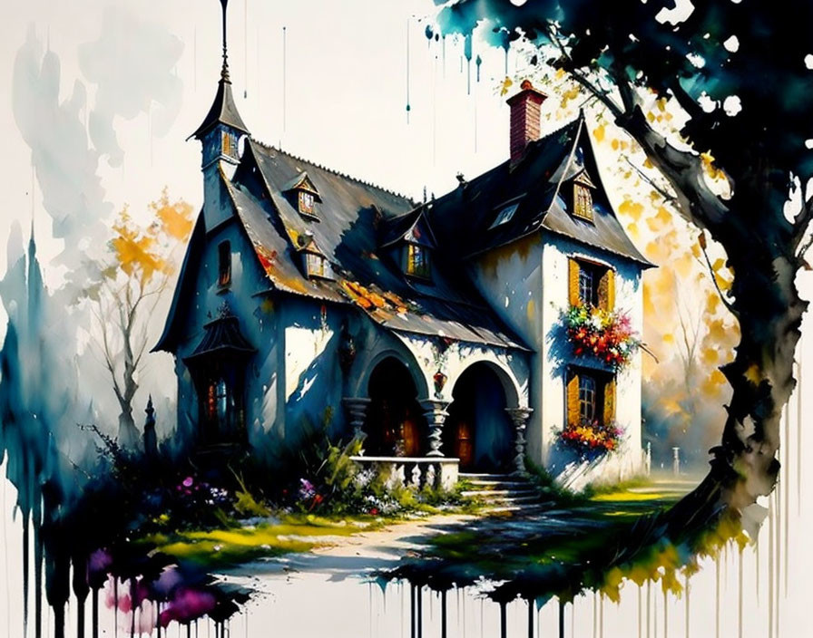 Colorful Cottage Painting with Dripping Paint Details