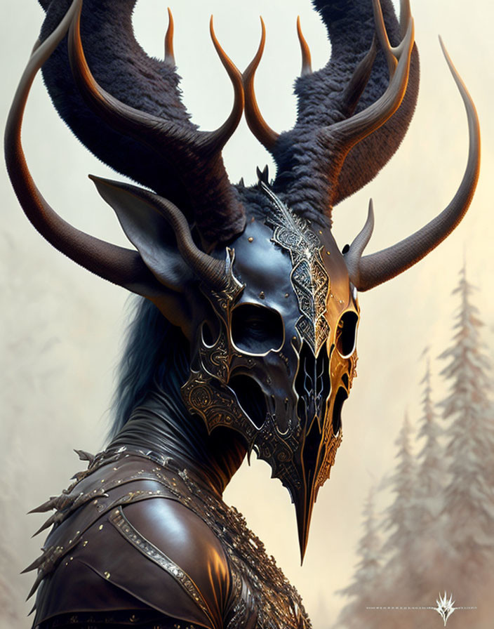 Intricate black mask with antlers in misty forest setting