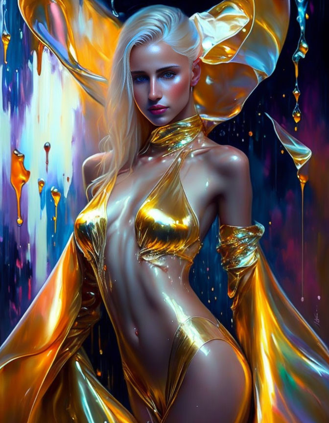 Platinum blonde woman in golden metallic outfit on colorful abstract background