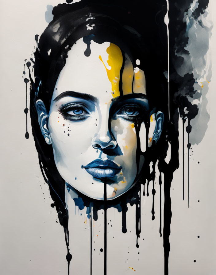 Abstract portrait of woman with black and yellow paint drips on neutral background