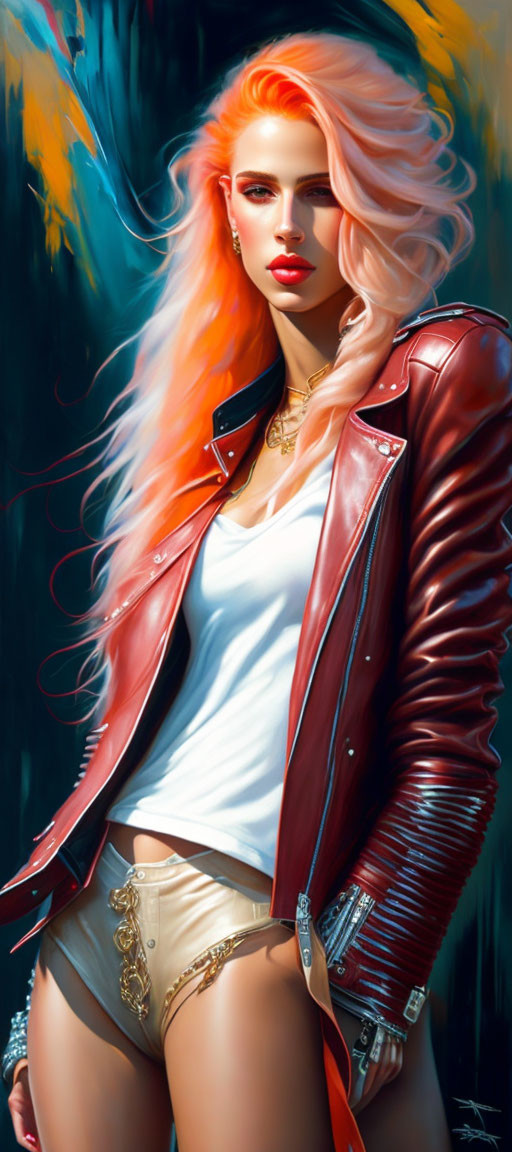 Vibrant red-haired woman in white top and red leather jacket against blue backdrop