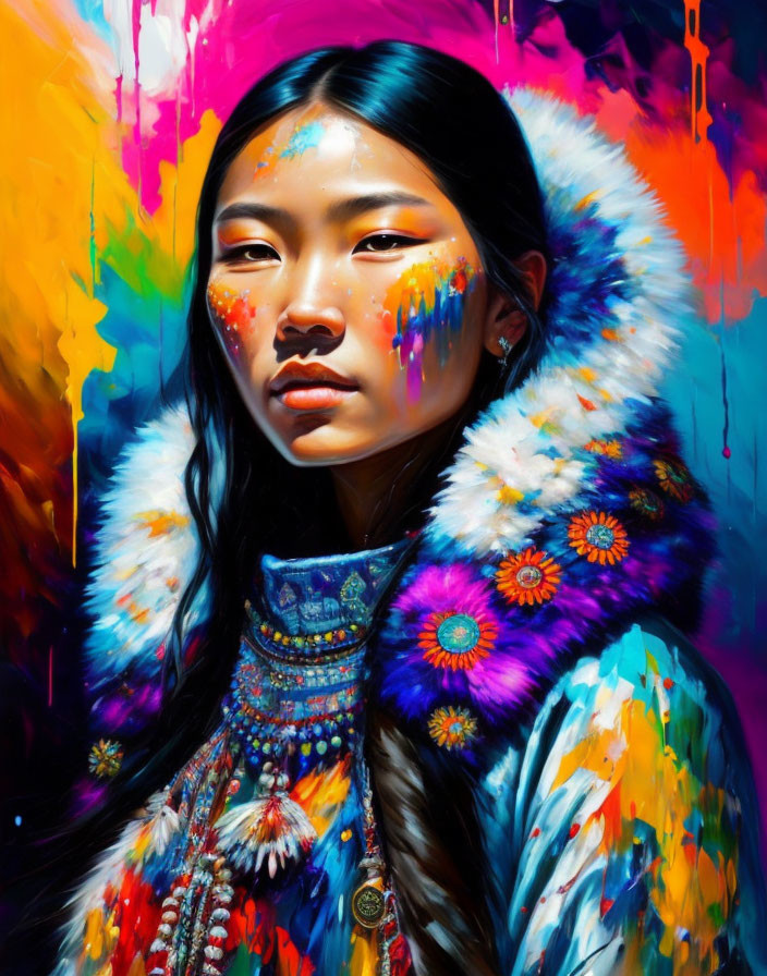 Colorful Portrait of Young Woman with Paint Splashes and Floral Coat