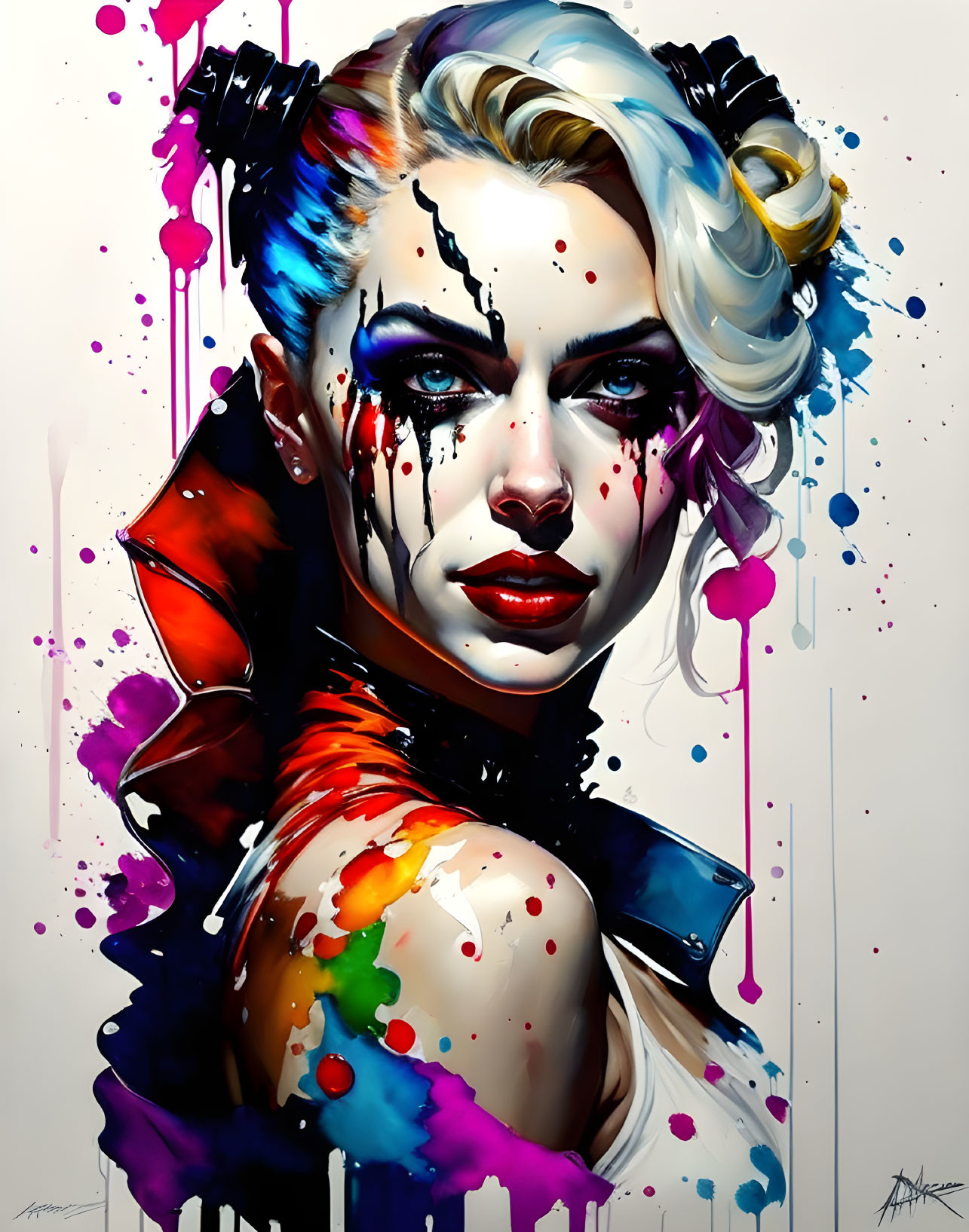 Colorful digital portrait of a woman with modern hairstyle and vibrant paint splashes