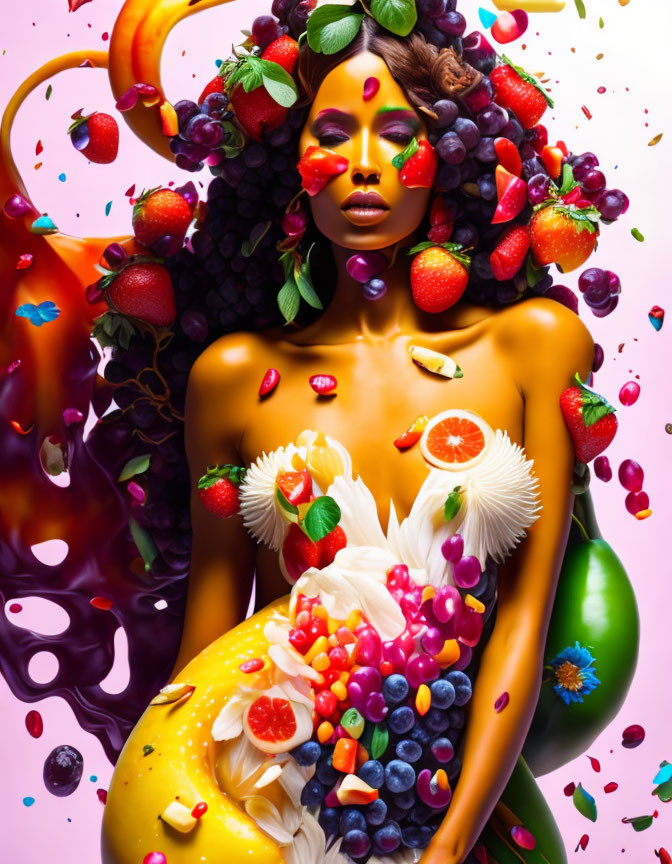 Colorful fruit and floral portrait against dynamic liquid backdrop