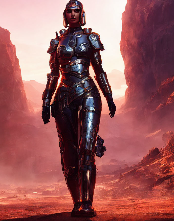 Detailed metallic armor on futuristic female warrior in red canyon landscape