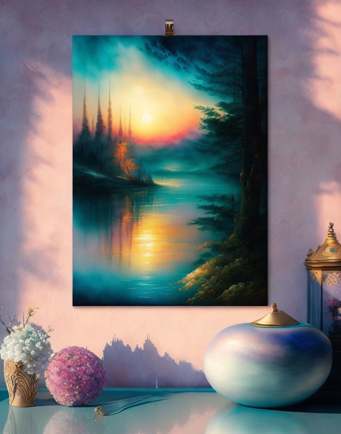 Serene landscape painting with sunset reflections and decorative items