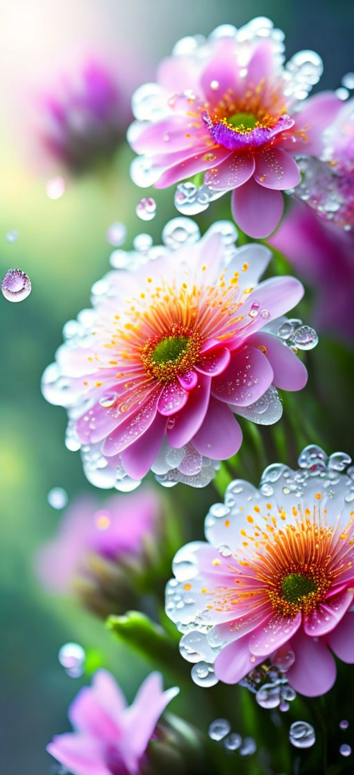 Vibrant pink flowers with yellow centers covered in dewdrops on blurred background