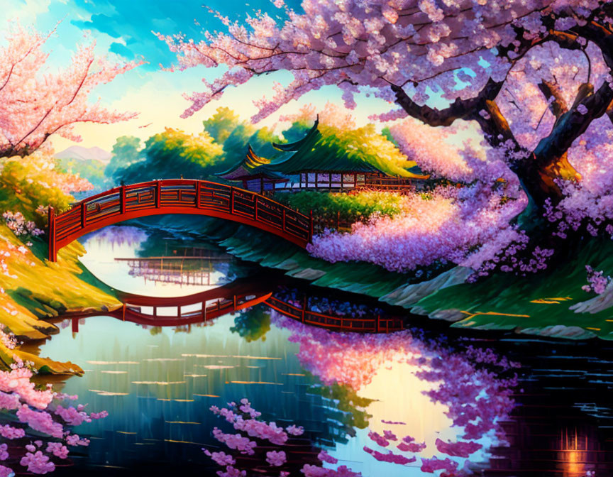 Tranquil red bridge over calm pond with cherry blossoms