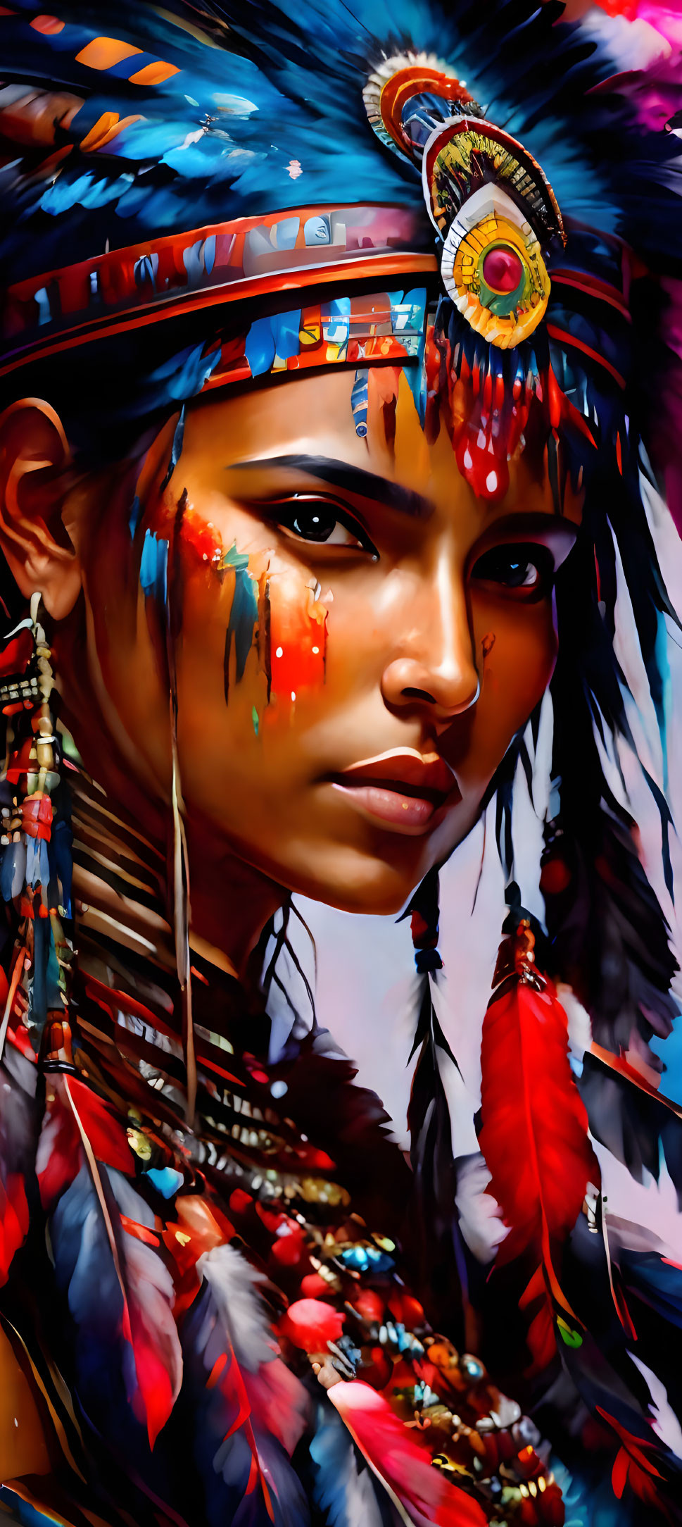 Colorful portrait of a person in Native American attire with feather headdress and face paint