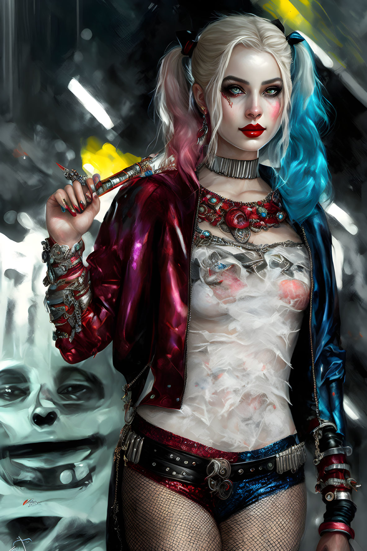 Colorful digital artwork: woman with split blue and pink hair, sparkly outfit, holding a bat