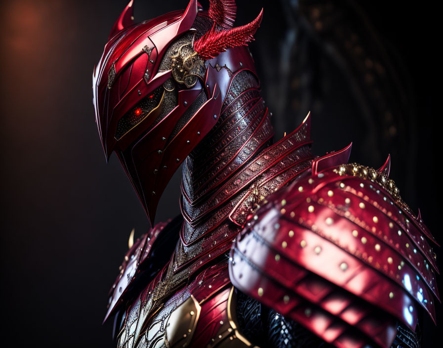 Detailed Red and Silver Knight Armor with Dragon-Themed Helmet