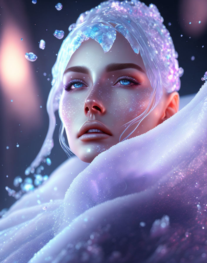 Digital portrait of woman with ice crystals, luminous skin, snow cloak, moody backdrop.