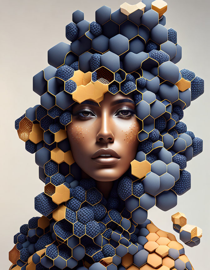 Digital artwork of person with blue and gold hexagon headdress.