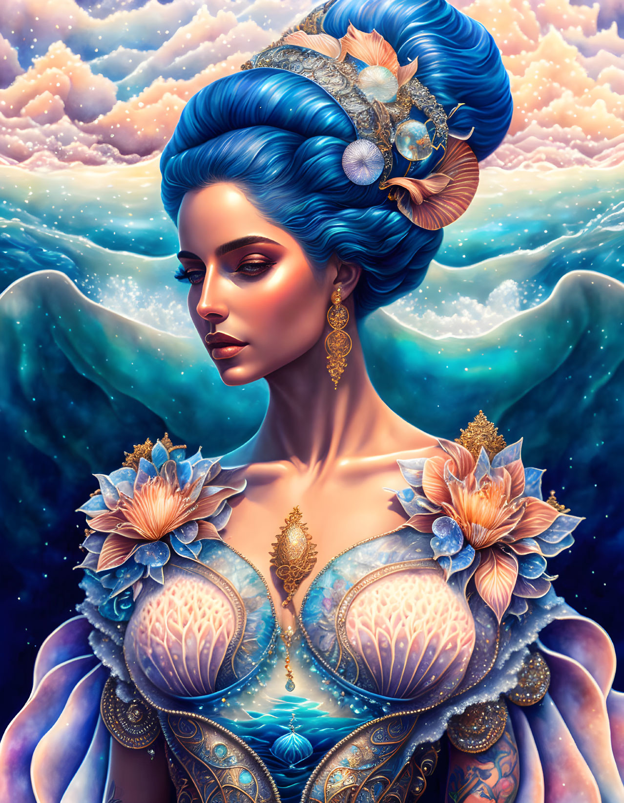 Portrait of woman with blue hair in seashell updo and dress against cloudy sky