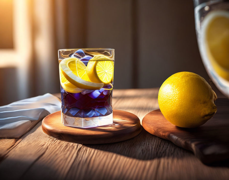 Lemonade drink with lemon slices and ice cubes on wooden surface