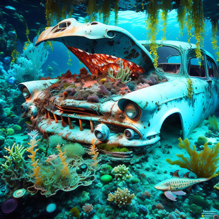 Sunken vintage car amidst coral, marine life in vibrant underwater setting