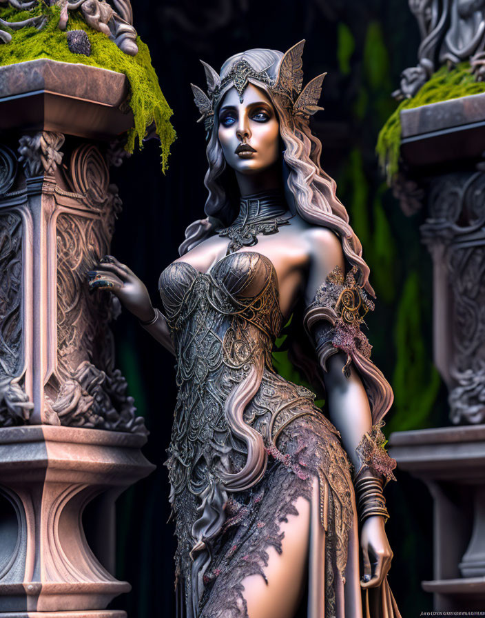 Fantasy-themed female elf statue in ornate armor and headdress with sculpted column backdrop.