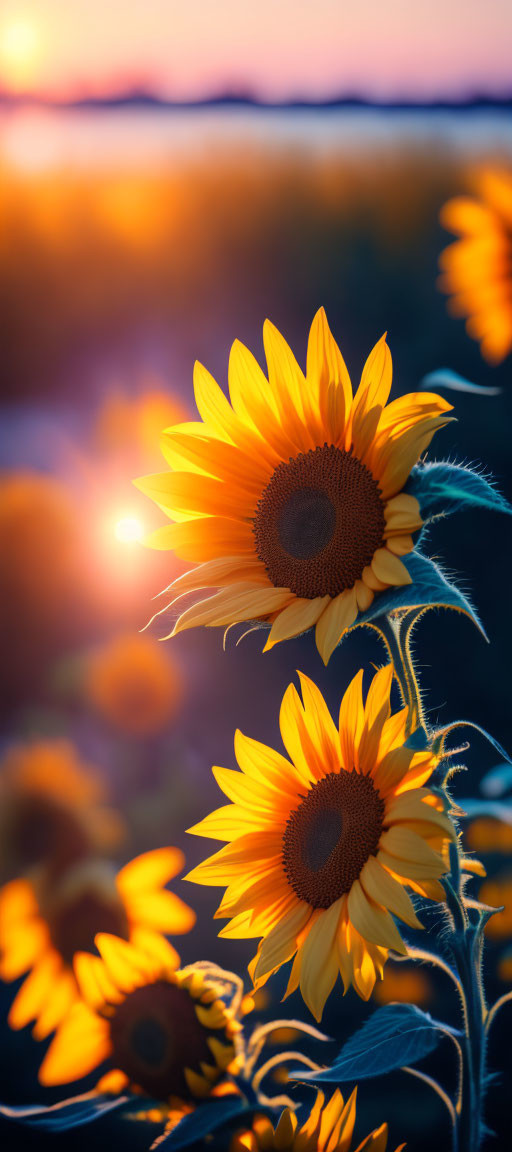 Vibrant sunflowers under warm sunset glow